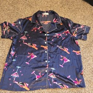 Silky Navy Cocktail Print Button-Up Top
